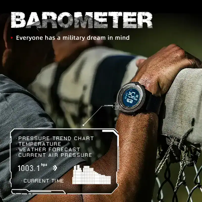 Outdoor tactical watch with barometer and digital display.