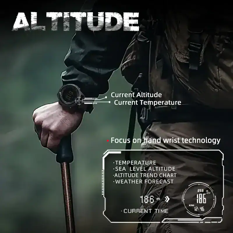Outdoor tactical watch with altitude, temperature, and weather forecast features. Durable design for.