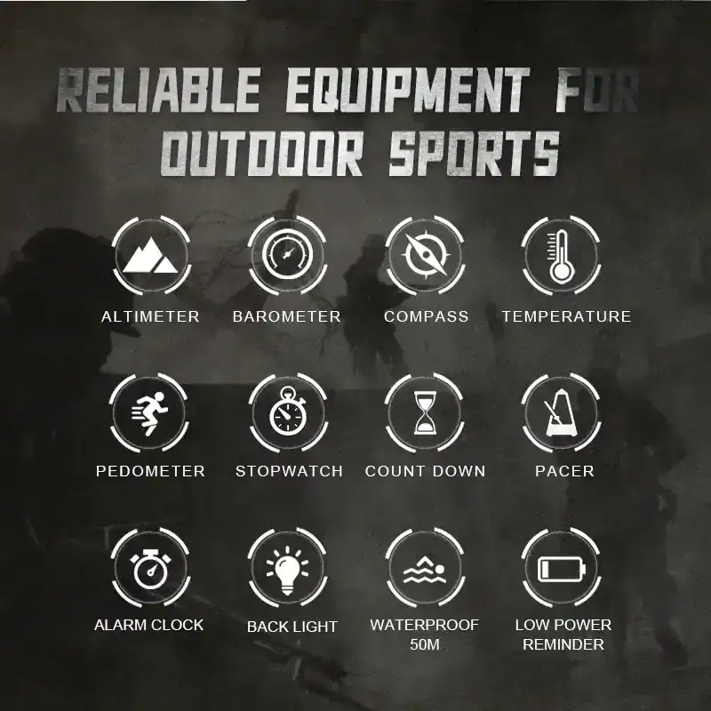 Durable tactical watch with multiple outdoor features for adventure and sports.