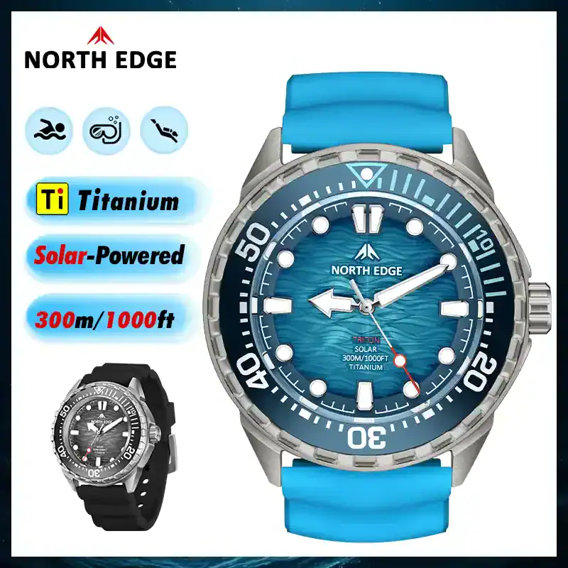 High-quality blue dive watch with titanium case, solar-powered, water-resistant to 300m. Stylish and durable for active lifestyles.