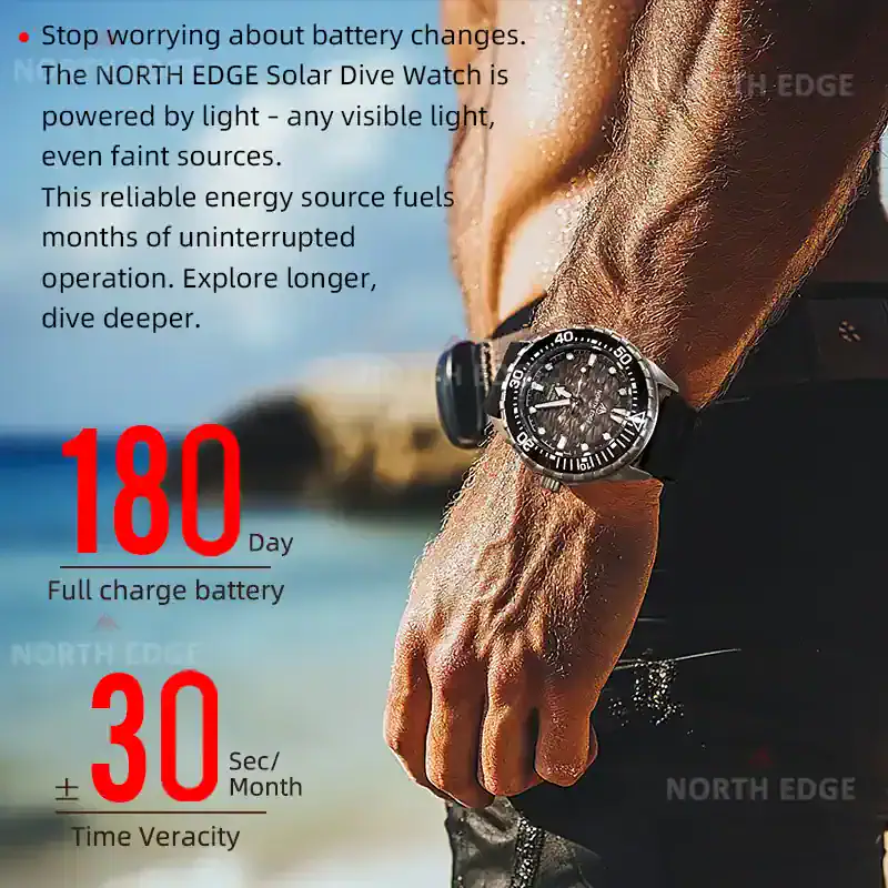 Light-powered, waterproof dive watch with 180-day battery life.