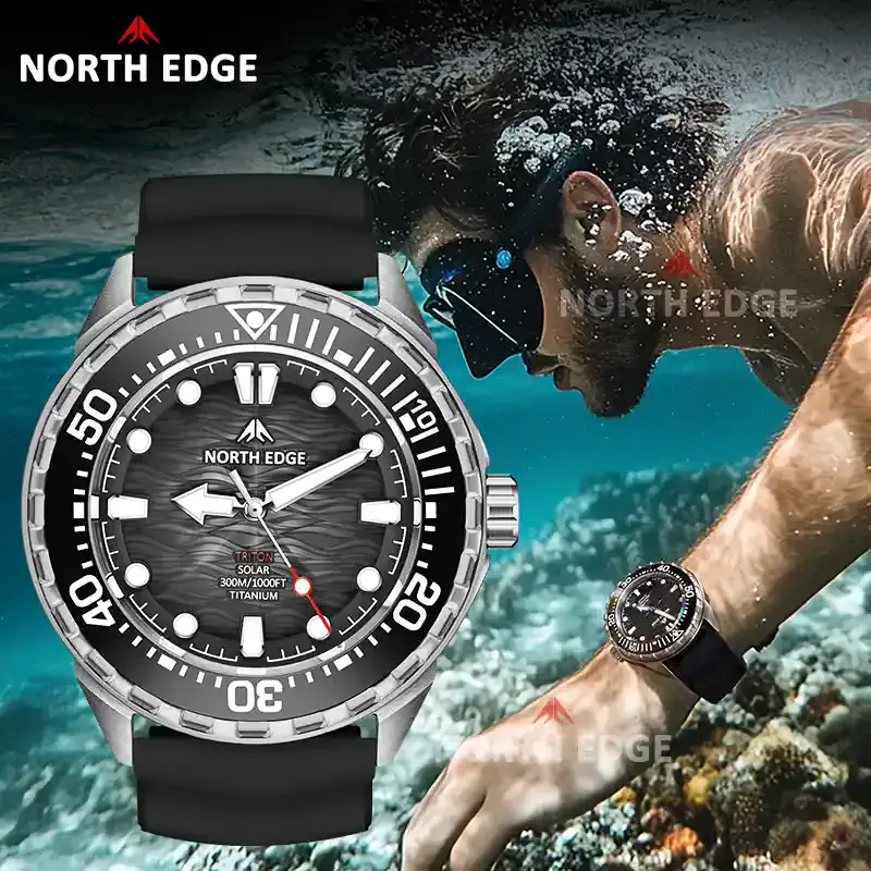 Stylish diver's watch with black dial and titanium case. Perfect for underwater adventures and everyday wear.