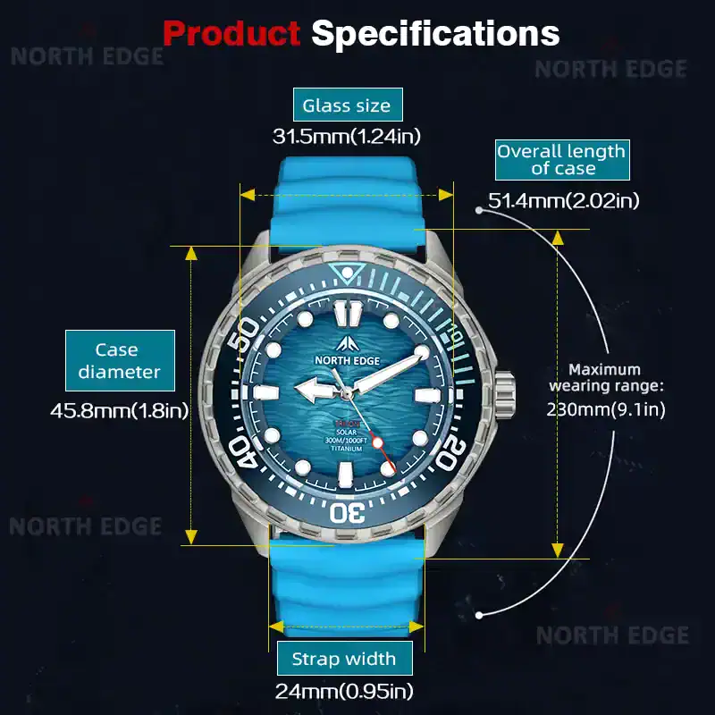 Durable titanium case with 45.8mm diameter, 51.4mm length, 24mm strap width, and 230mm max range.