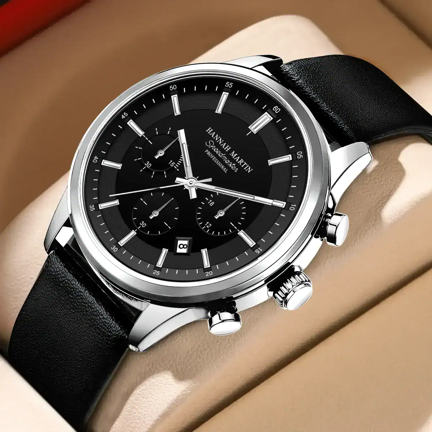 A stylish women's or men's wristwatch featuring a sleek black leather strap, silver case, and chronograph details. Perfect for sophisticated fashion.