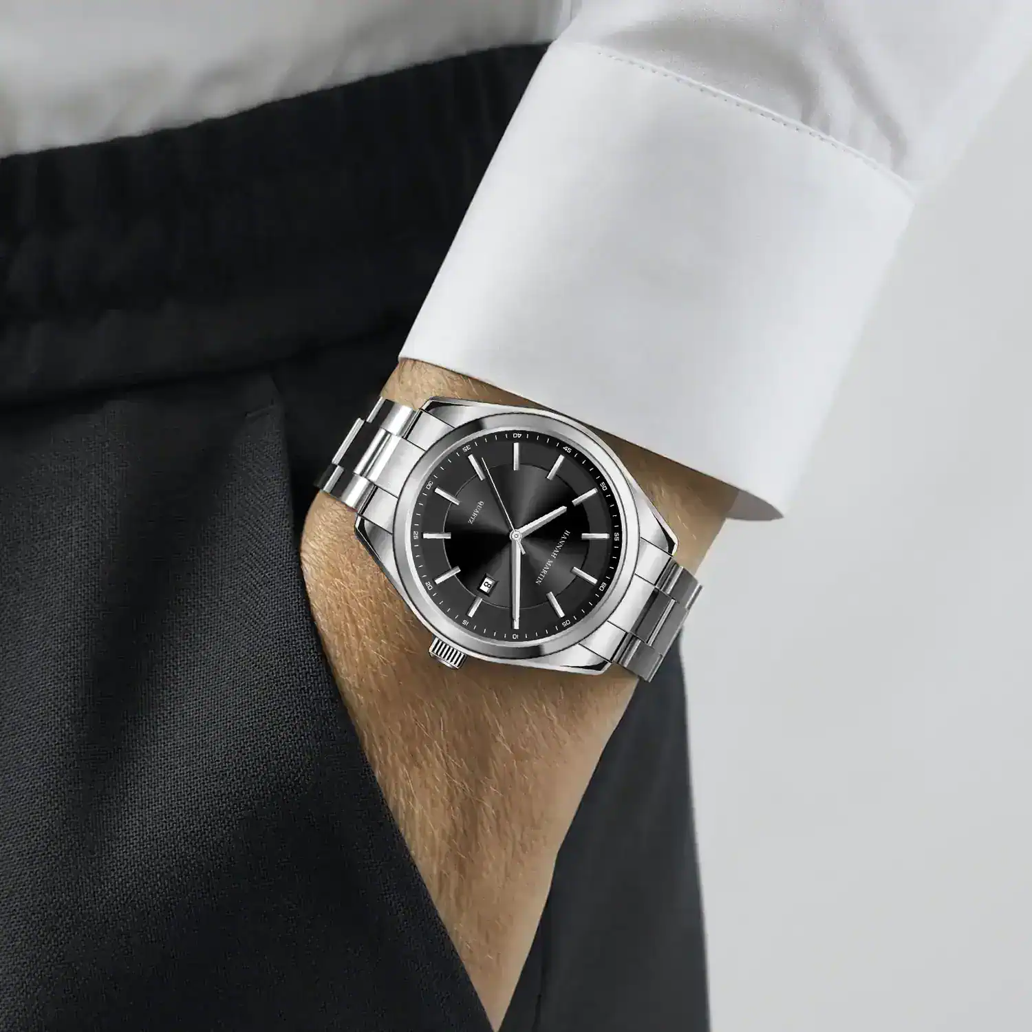 Elegant stainless steel men's watch with black dial and date display, perfect for sophisticated style.