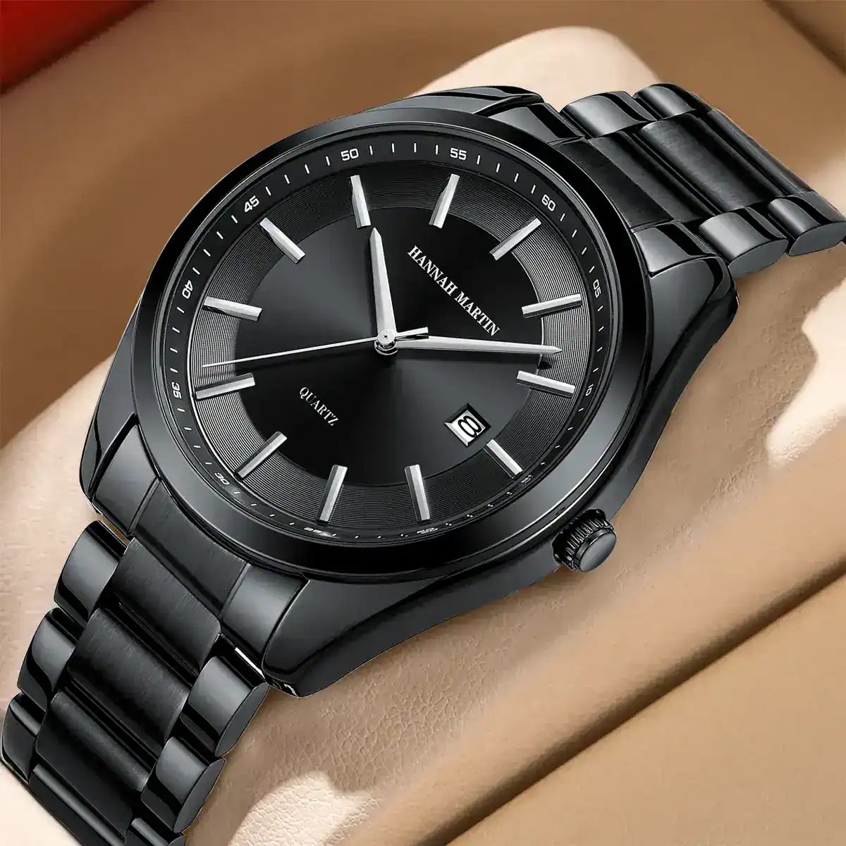 High-quality black quartz men's watch with date display and stainless steel band.
