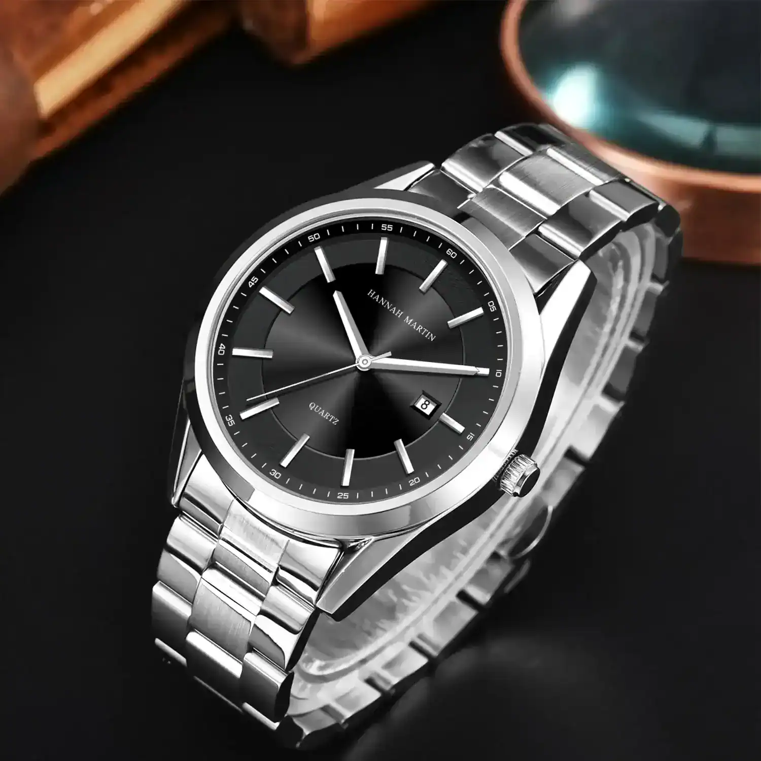 Stylish men's wristwatch featuring a sleek silver band and black face with date display.