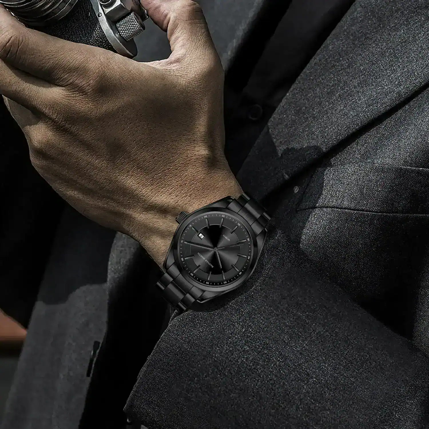 Stylish black men's watch featuring a stainless steel band and sleek design. Perfect for formal or casual wear.