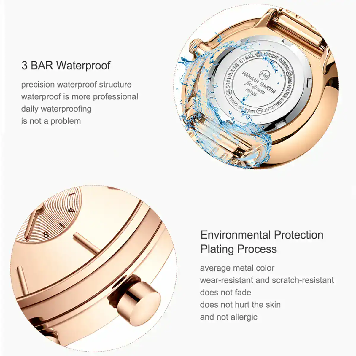 Stainless steel, gold-tone waterproof watch with durability.