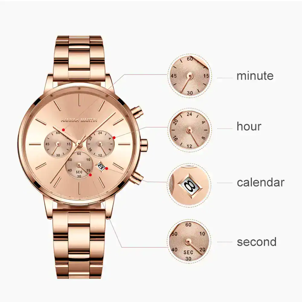 Luxury rose gold watch featuring a multi-function chronograph, calendar, and second counters. Perfect for stylish occasions.