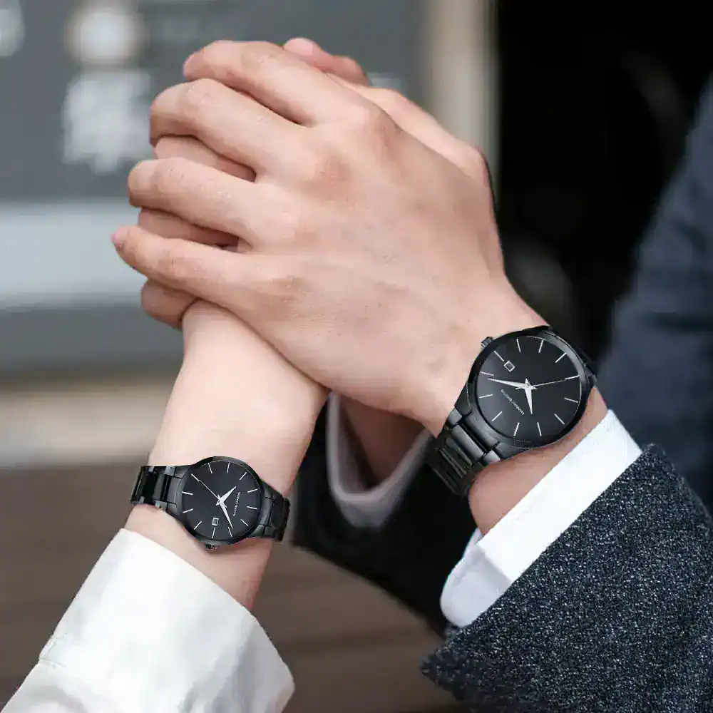 Stylish black watches with minimalist design for couples, perfect for everyday wear or special occasions.