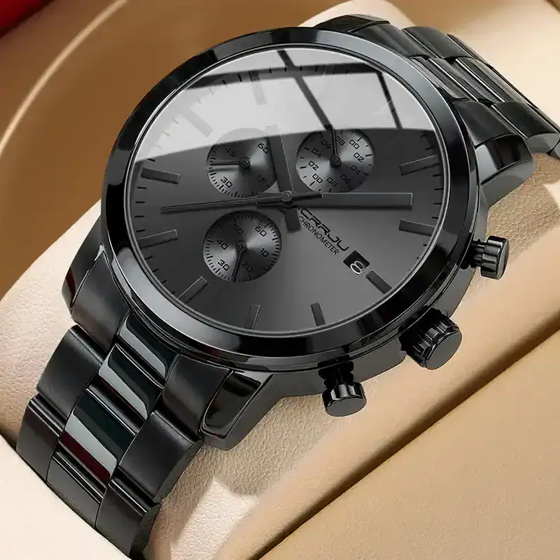 Elegant men's black stainless steel chronograph watch with multiple subdials and date display.