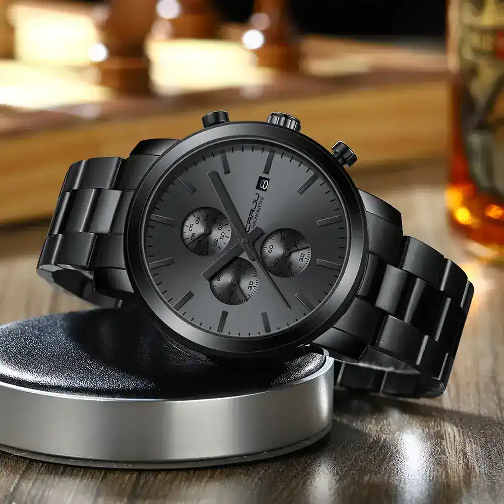 Black men's chronograph watch with stainless steel band and multiple sub-dials, stylish and durable accessory.