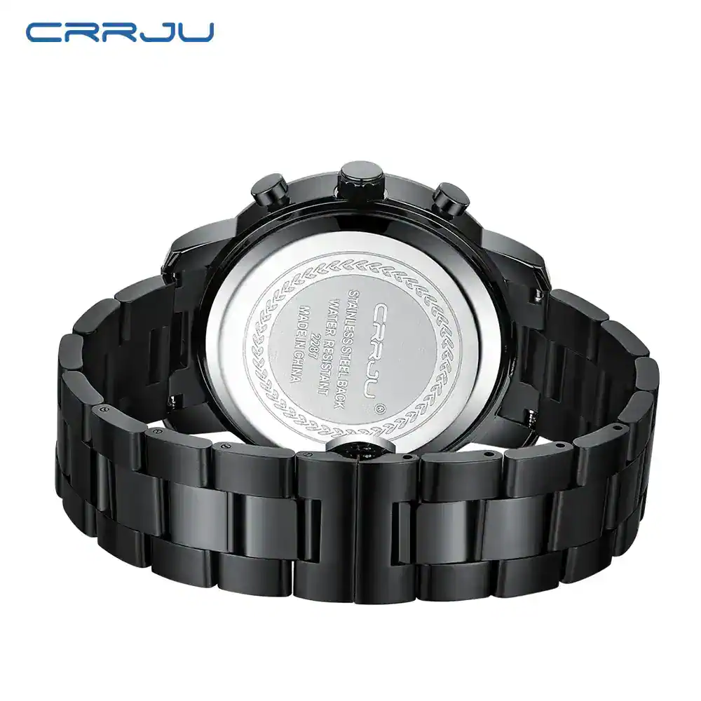 High-quality black stainless steel watch with durable band and chronograph features.