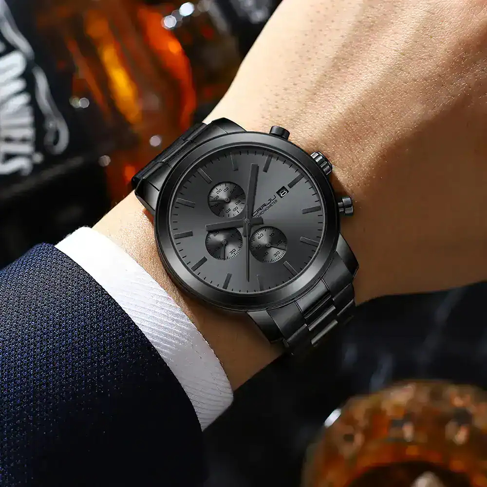 Luxury men's black stainless steel chronograph watch with date display.