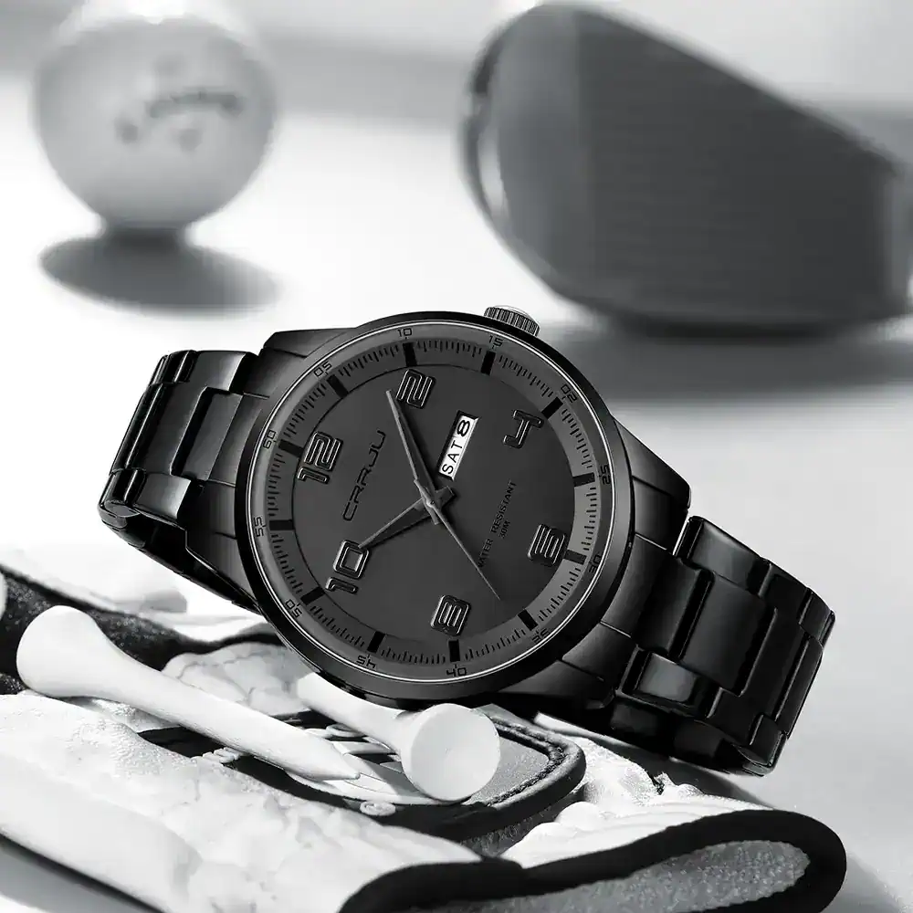 Modern men's black stainless steel wristwatch with date and day display.