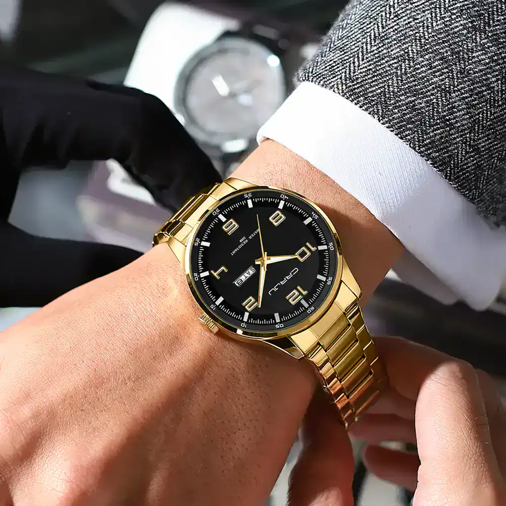 Elegant men's gold-tone wristwatch with black dial and date display.