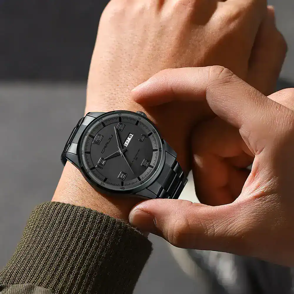 Men's black stainless steel watch with bold dial, date, and day display, modern design, perfect for stylish casual wear.
