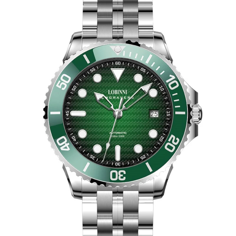 High-quality stainless steel men's dive watch with green bezel and textured dial, ideal for sports and everyday style.
