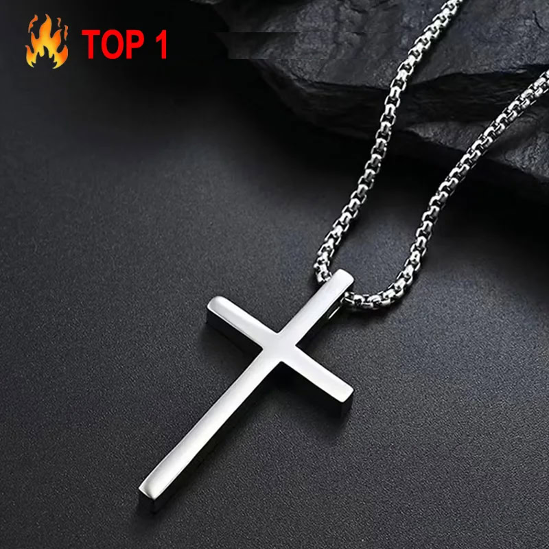 Stainless steel cross pendant necklace with a sleek, modern design, perfect for everyday wear.
