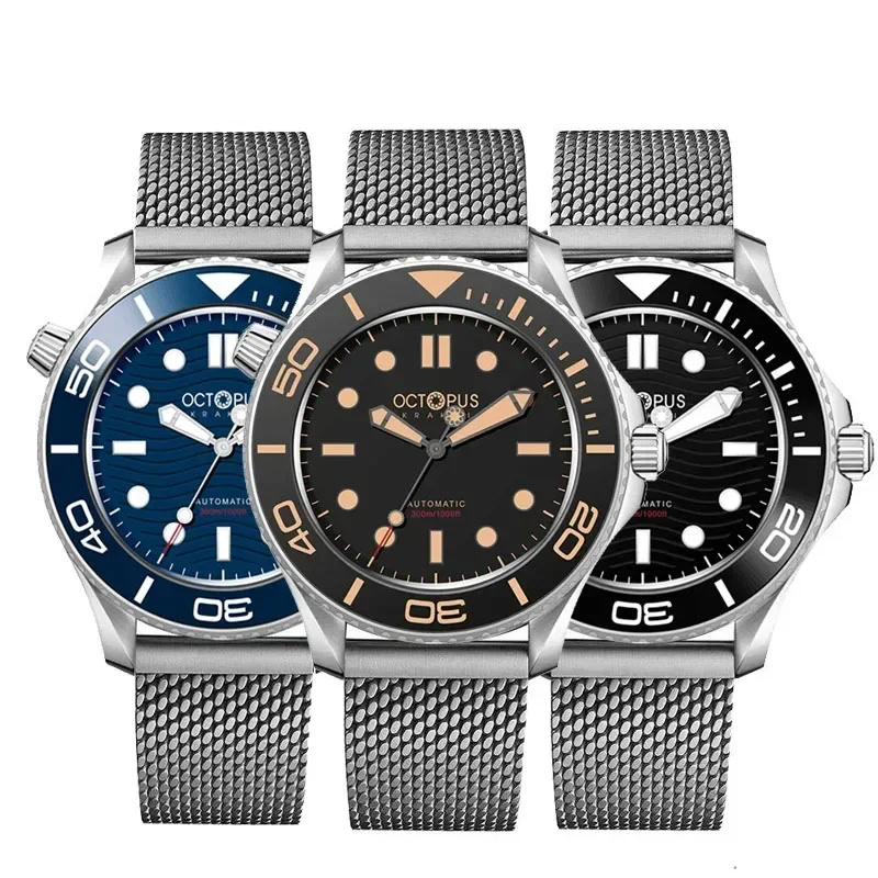 Stylish men's dive watches with stainless steel mesh bands, colorful dial options, and durable automatic movements.