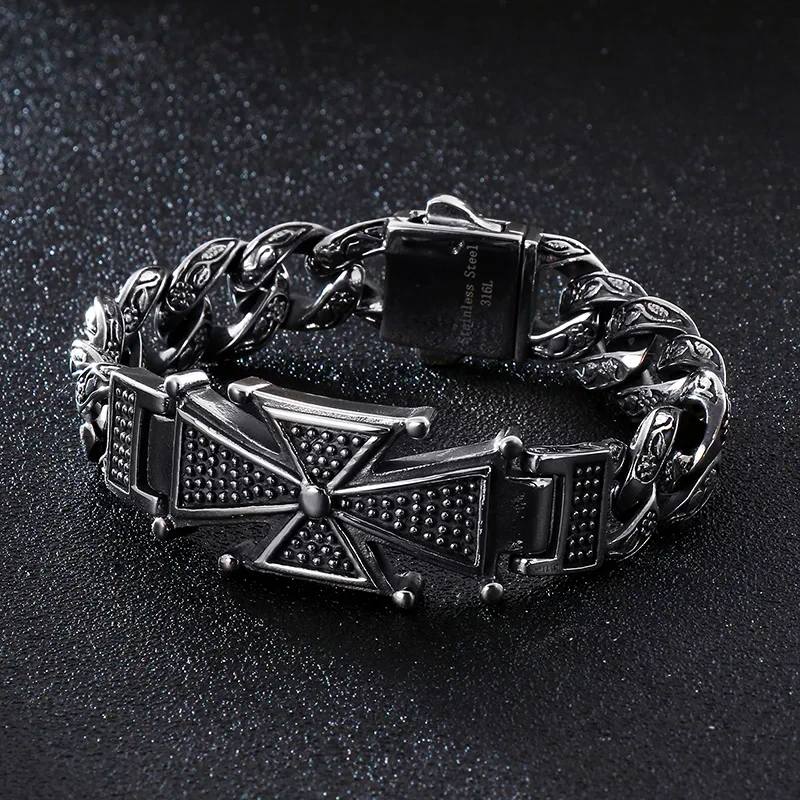 Stylish black stainless steel cross bracelet with intricate design, durable and perfect for gothic or edgy fashion.