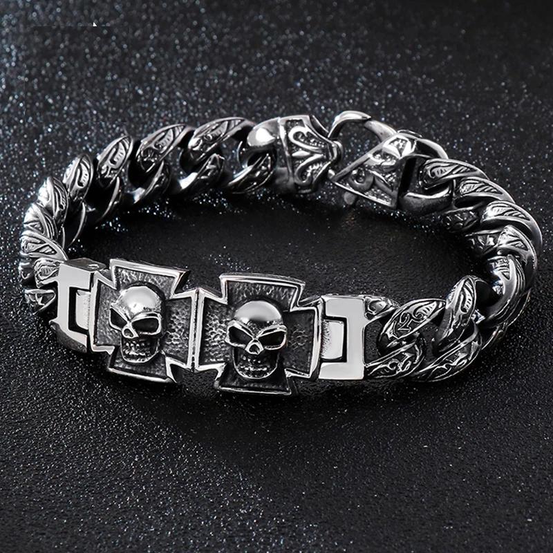 High-quality stainless steel skull bracelet with intricate engraved details. Unisex edgy jewelry accessory for men and women.