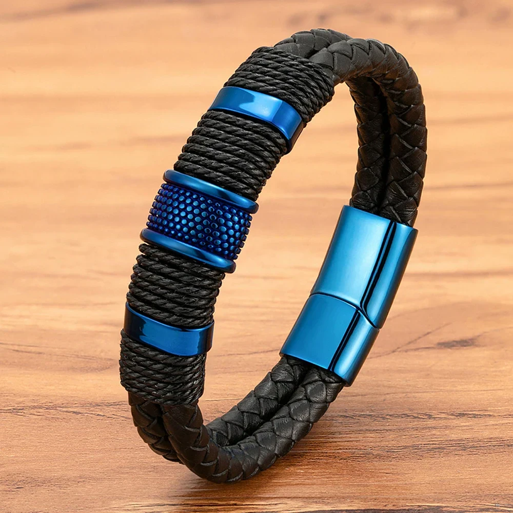 Stylish men's leather bracelet with black braided leather, blue metallic accents, and textured magnetic clasp.