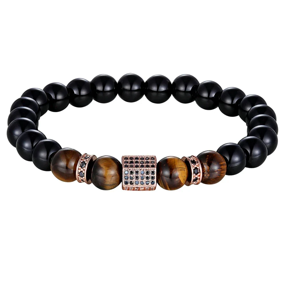 Black and brown beaded stretch bracelet featuring rose gold accents and cubic zirconia embellishments.
