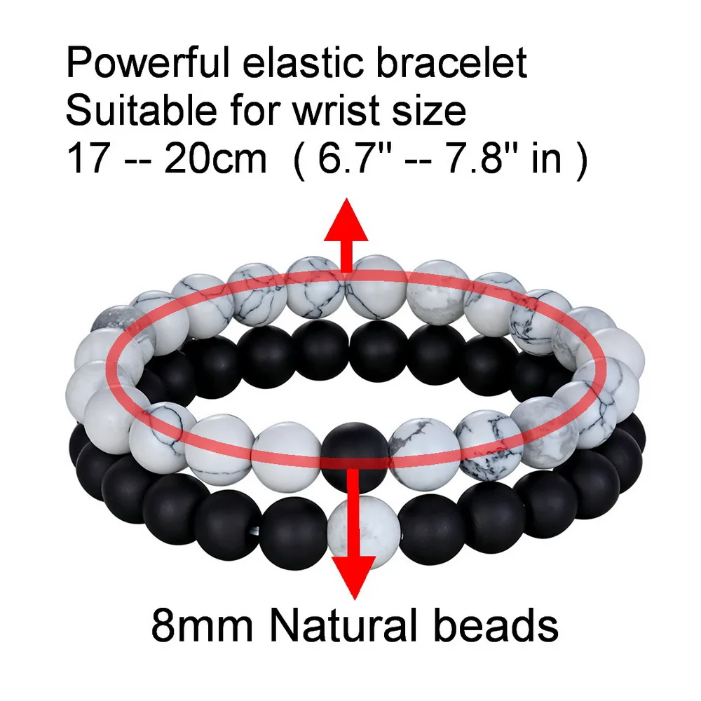 Comfortable stretchy beaded jewelry for wrists 17-20cm, 8mm natural beads, black and white marble design.