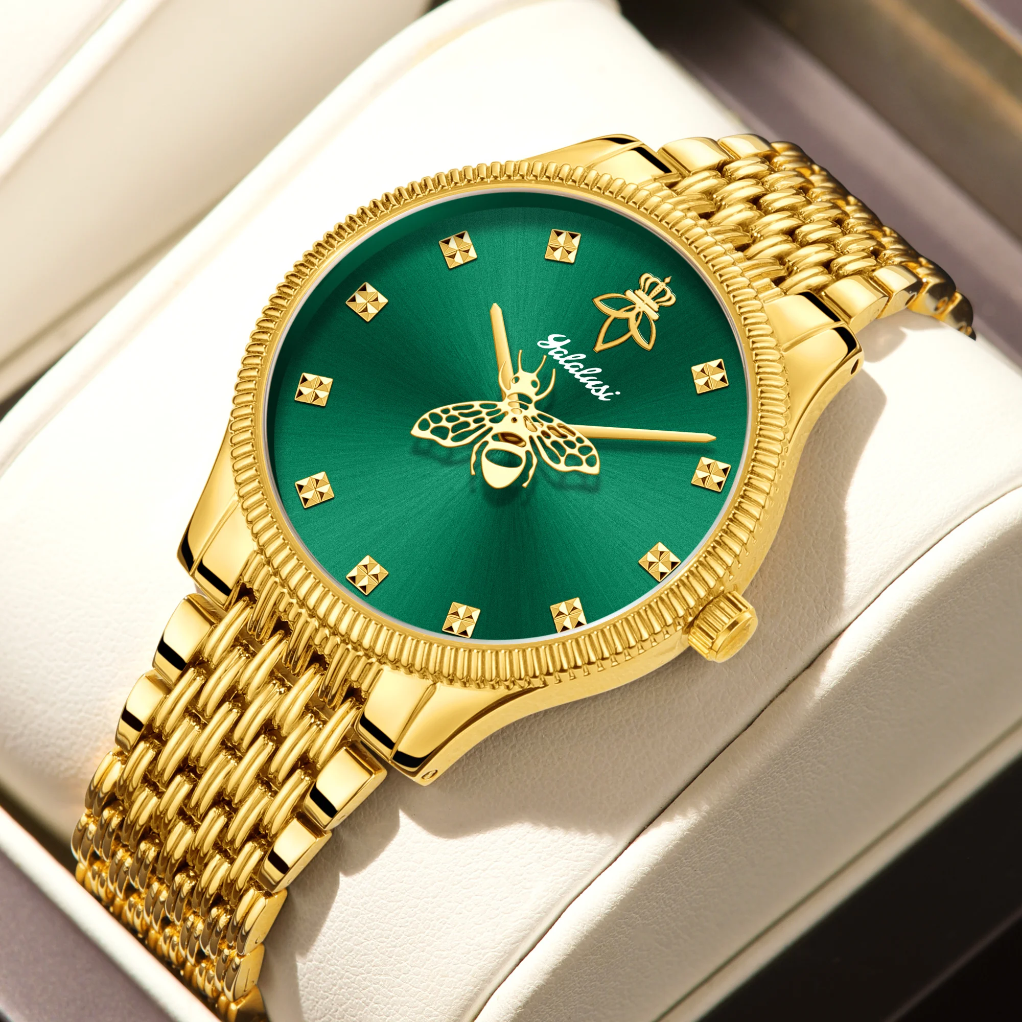Gold stainless steel watch with green dial and bee design, perfect for stylish jewelry lovers.