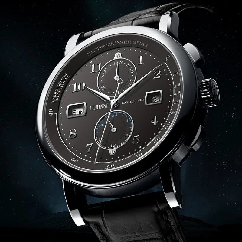 Highly detailed black luxury watch with chronograph, date display, and leather strap. Sleek and sophisticated design.