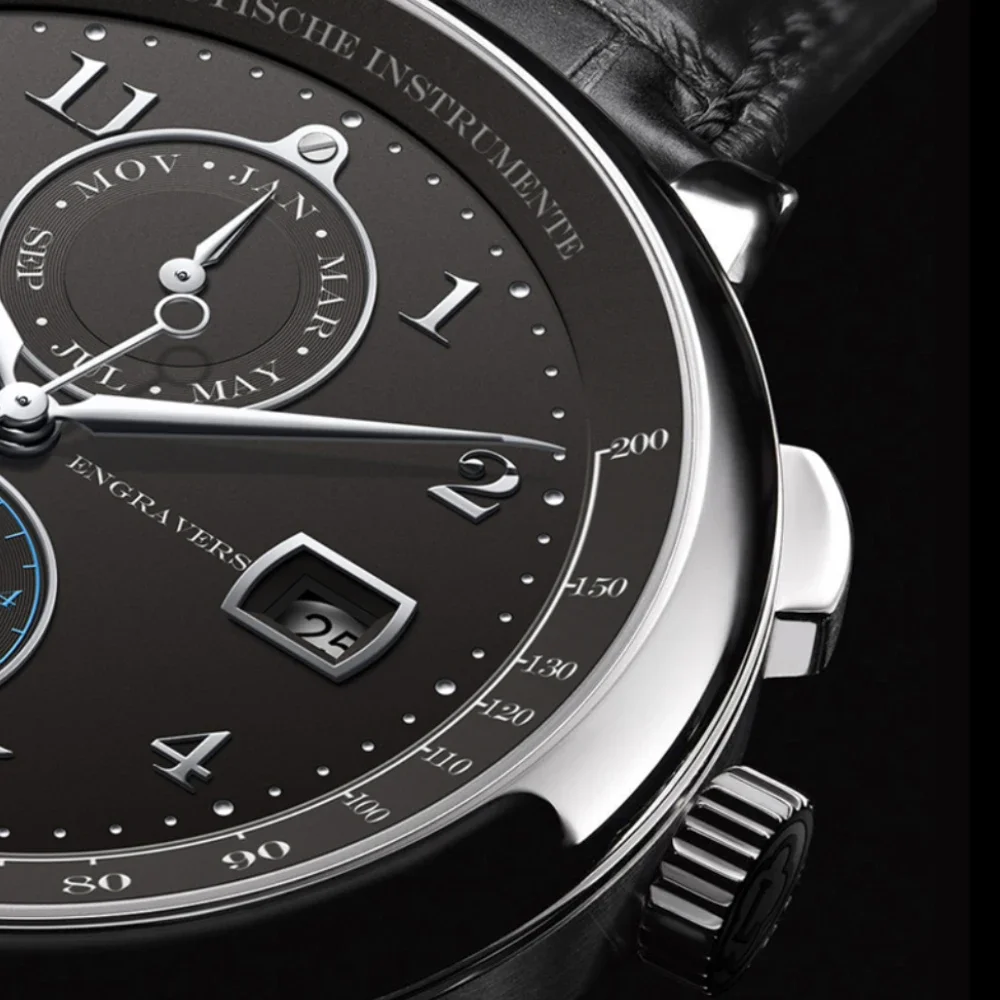 Close-up of a sophisticated black luxury watch face with chronograph and date display.