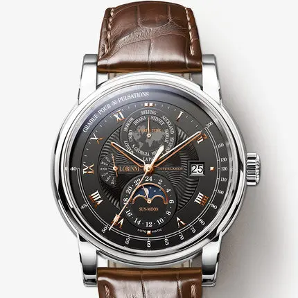 Elegant men's brown leather strap chronograph watch with multifunctional dial.