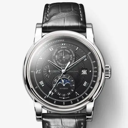 Luxury men's black watch with Roman numerals and moon phase display.