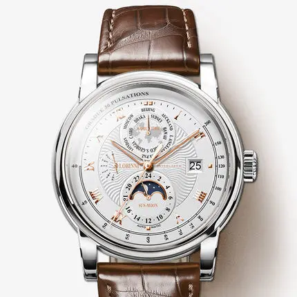 High-end men's luxury watch with chronograph and moon phase, brown leather strap.