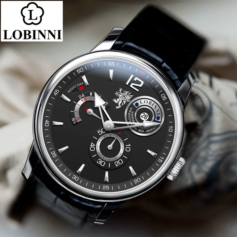 Elegant luxury men's wristwatch with black dial, chronograph, and date display.