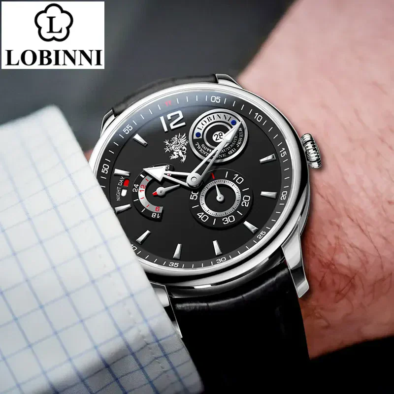 Luxury men's chronograph wristwatch with black dial and leather strap.