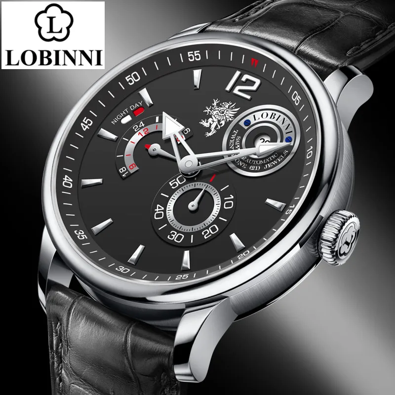 Lobinni luxury wristwatch with black dial, silver accents, and leather strap.