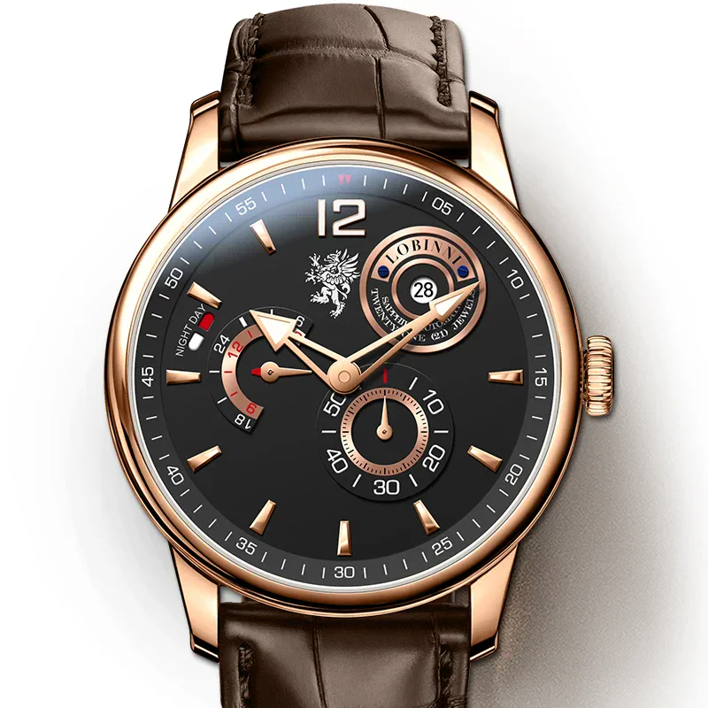 Elegant men's gold watch with black dial, leather strap, and multi-functional chronograph features.