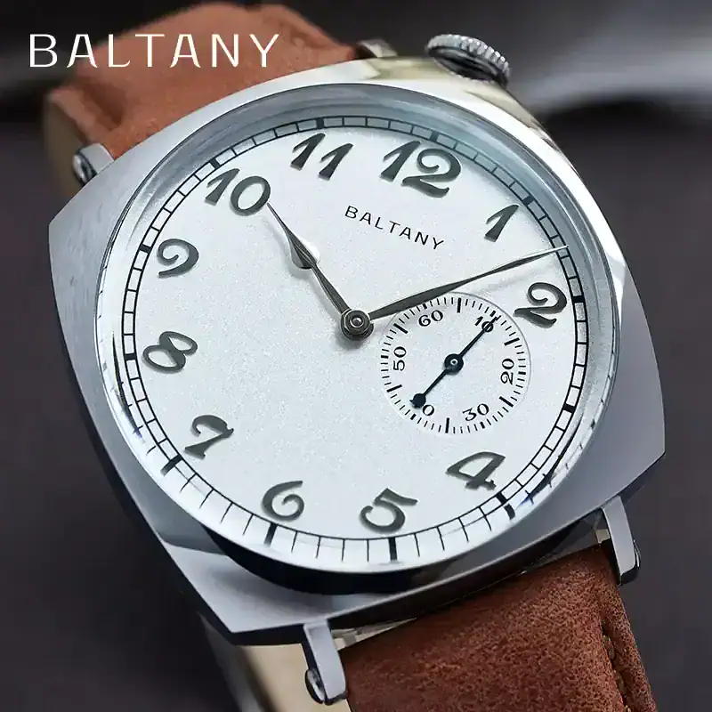 Stylish men's wristwatch with white dial, brown leather band, and minimalist design.