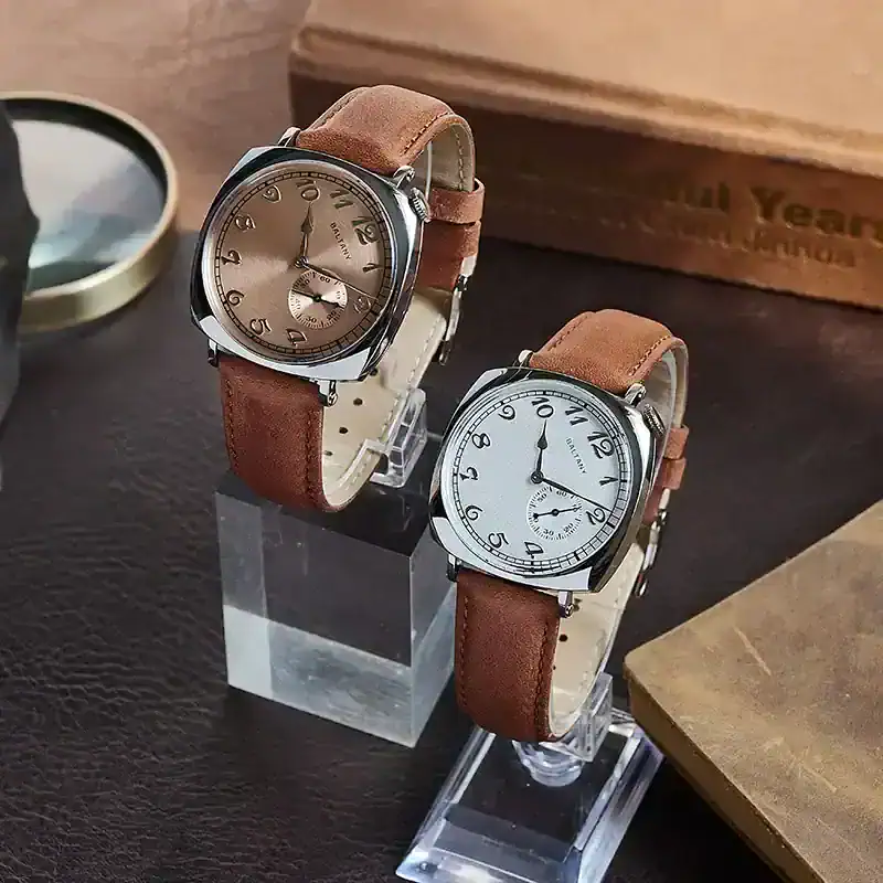 High-quality men's leather watches with vintage dial designs and brown straps for timeless fashion.