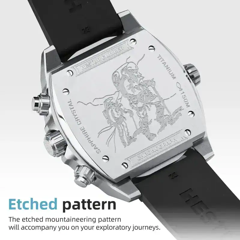 Engraved mountain climber pattern on stainless steel back, ideal for explorers.