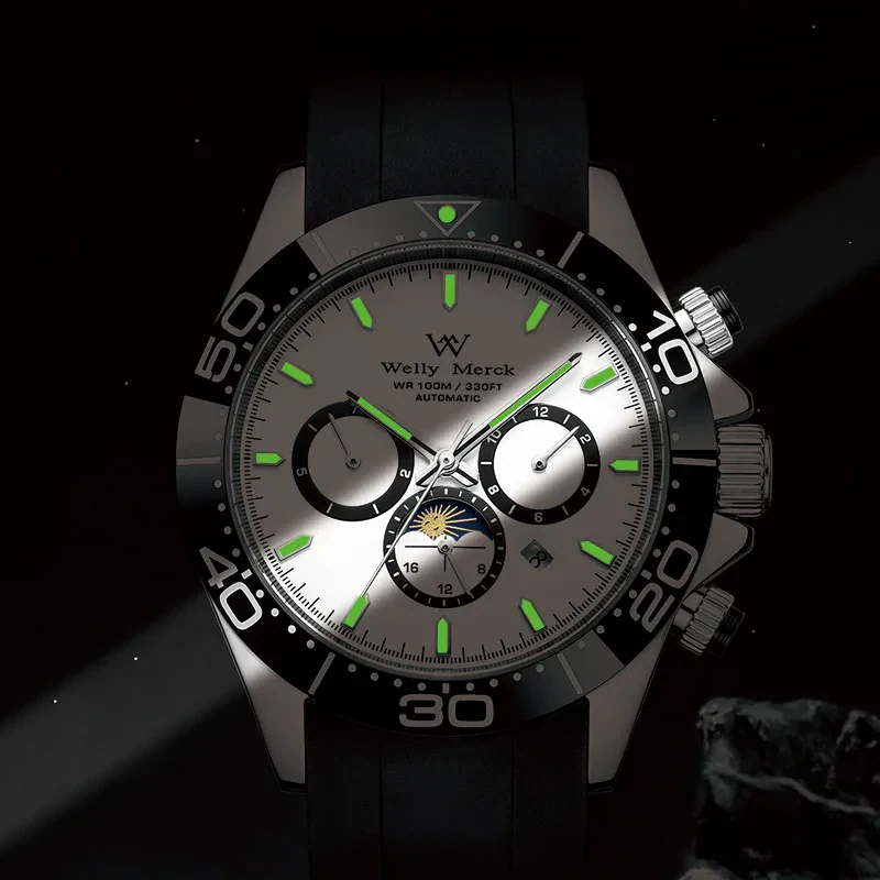 Diver watch with luminous hands and markers, black silicone strap, and chronograph features.