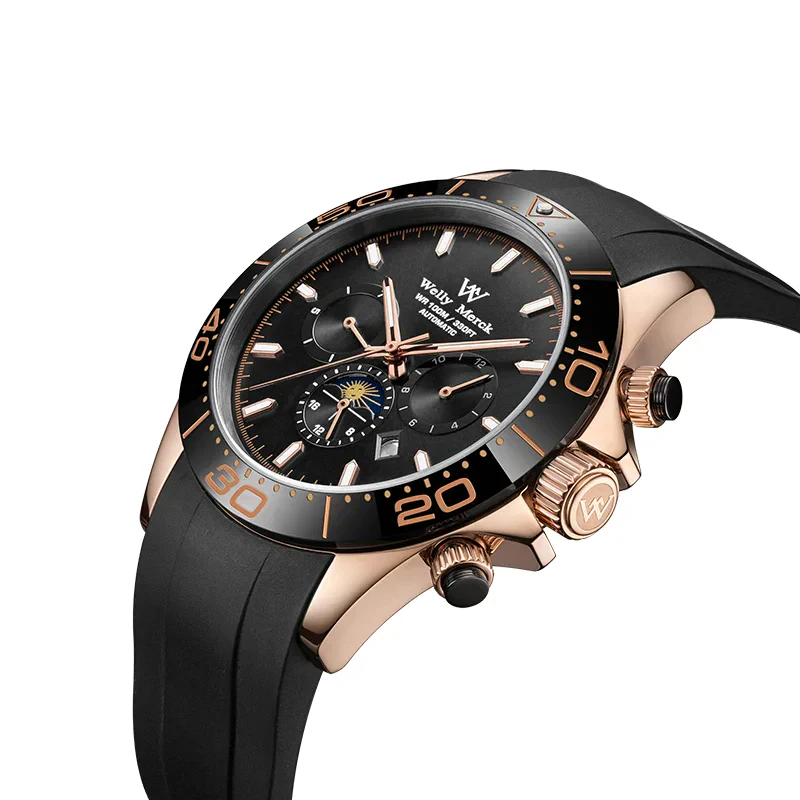 Elegant men’s chronograph watch with black dial, rose gold accents, and rubber strap.