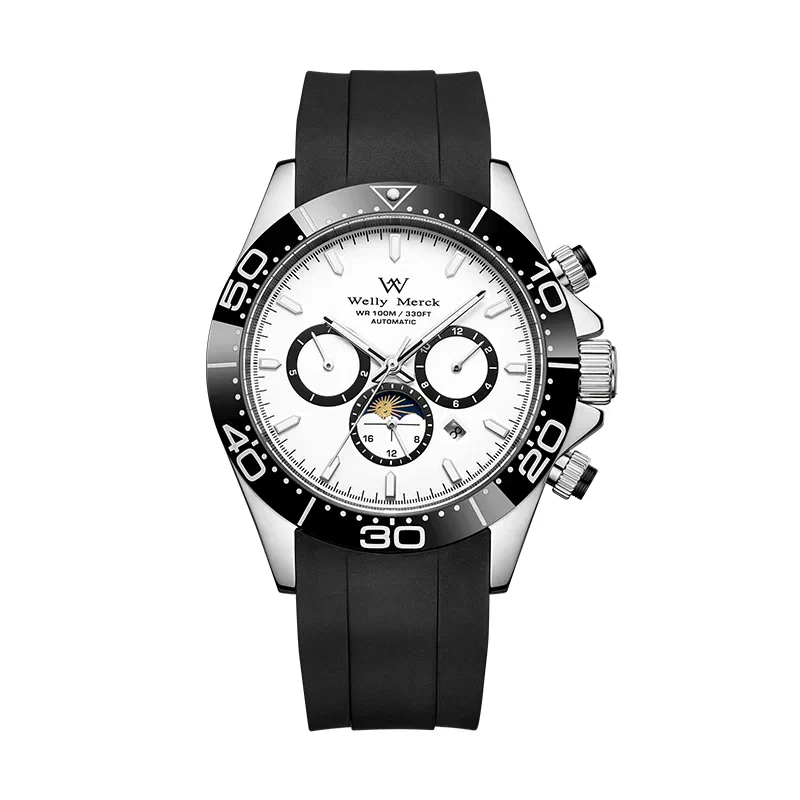 Luxury men's diver watch with white dial, black bezel, and chronograph features.
