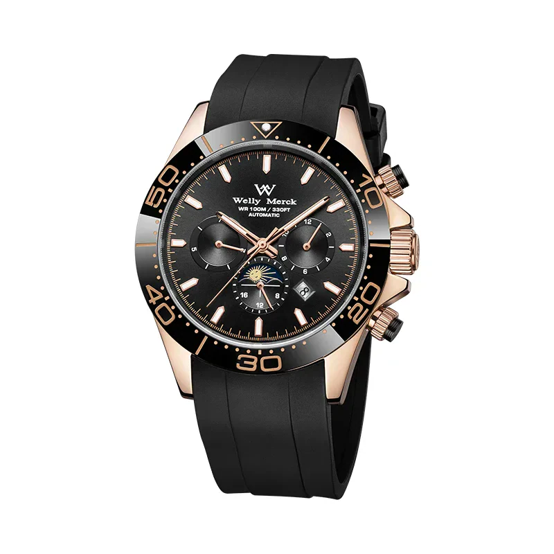 Elegant black dial men's chronograph watch with rose gold accents and silicone band.
