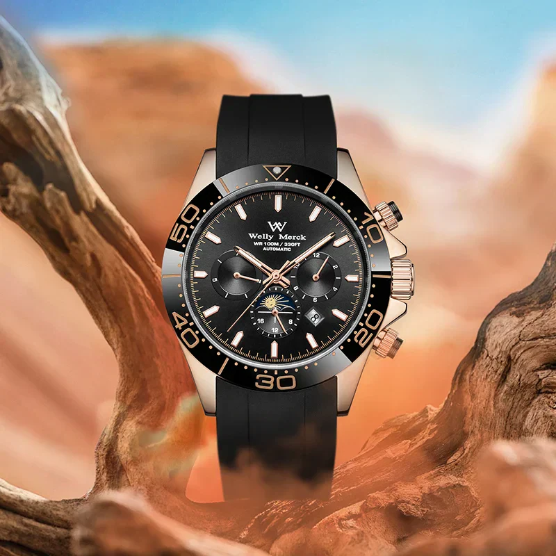 High-end black and silver men's dive watch with chronograph features.
