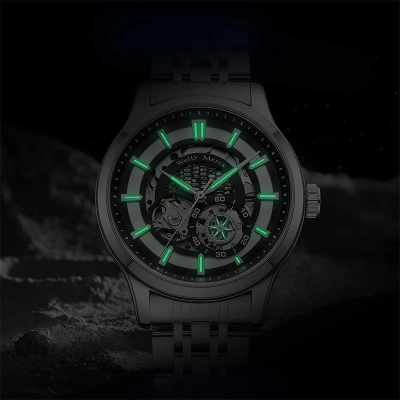 Men's black skeleton watch with glowing green hour markers and intricate mechanical details.