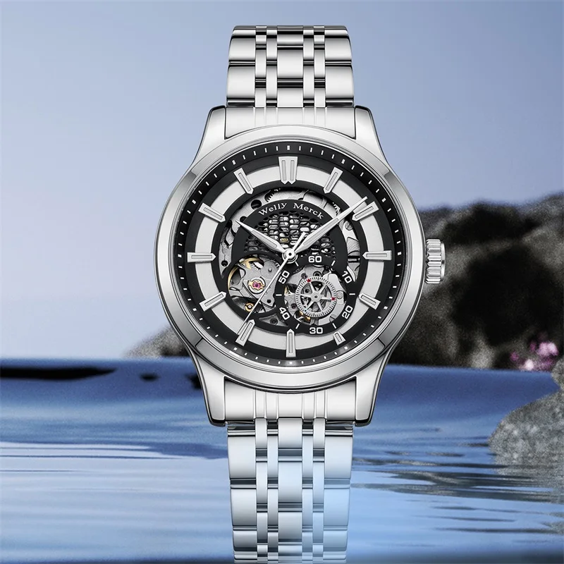 Men’s luxury skeleton wristwatch with black dial and stainless steel band. Perfect for sophisticated style.